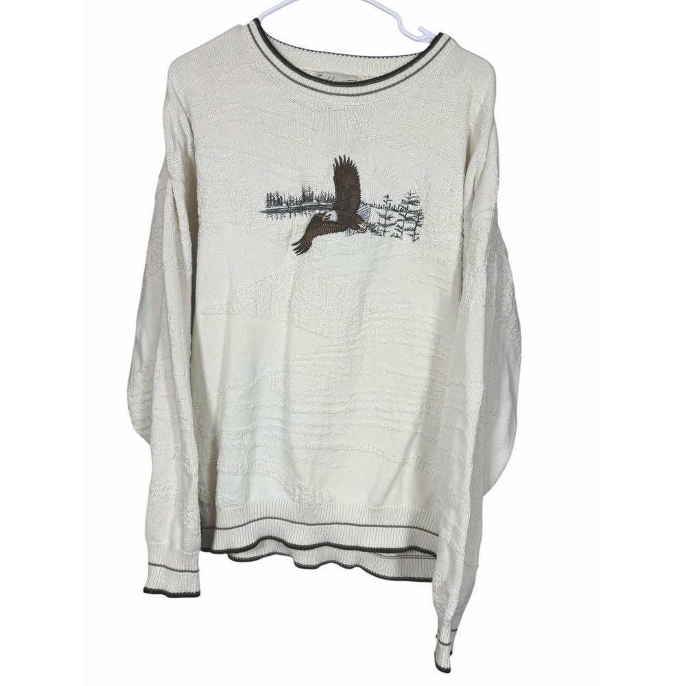Fieldmaster‎ USA Eagle Sweater XL Cream Textured Knit Bald Eagle Cabin Cottage